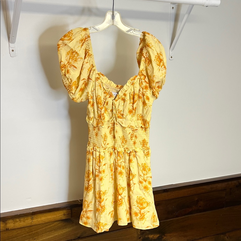 Sabo Yellow Floral Puff Sleeve Mini Dress- M